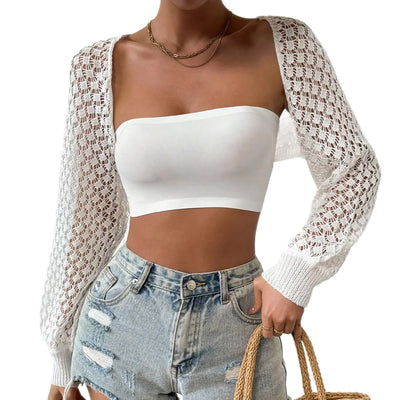SweatyRocks Womens Hollow Out Long Sleeve Cardigan Open Front Knit Sweaters Shrug White Small