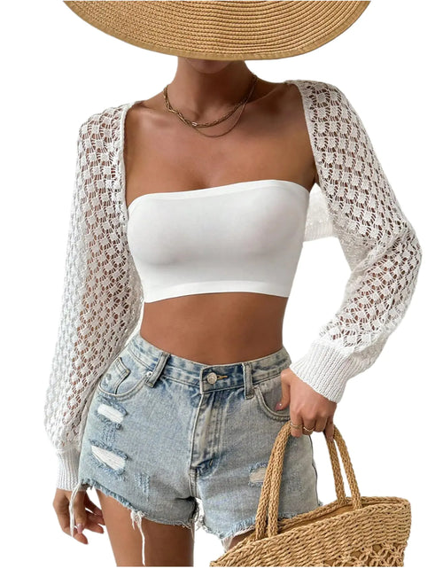 Cargar imagen en el visor de la galería, SweatyRocks Cárdigan de manga larga calado para mujer, suéter de punto abierto, encogimiento de hombros, blanco, pequeño
