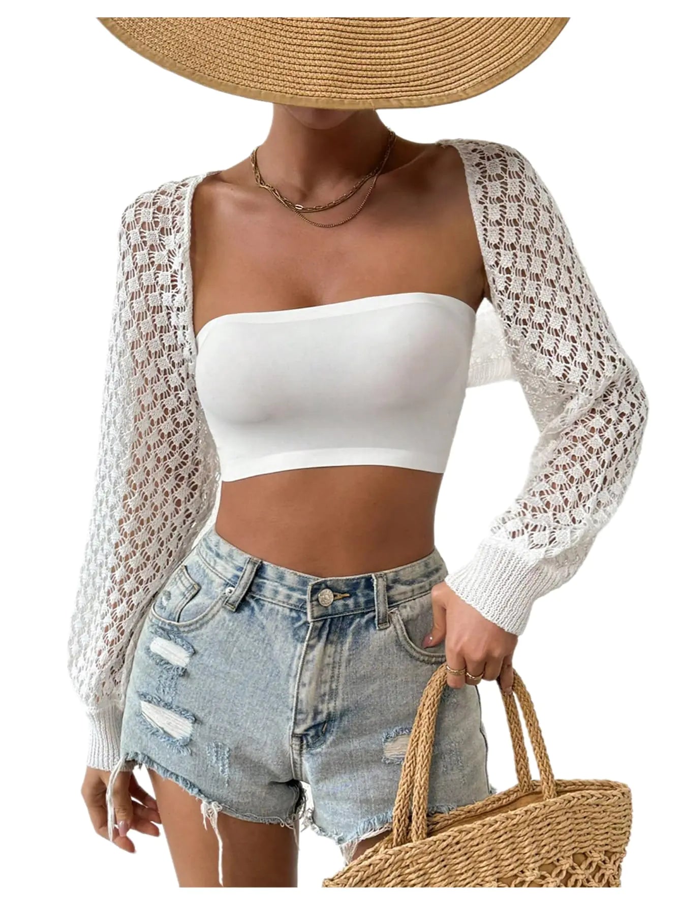 SweatyRocks Cárdigan de manga larga calado para mujer, suéter de punto abierto, encogimiento de hombros, blanco, pequeño