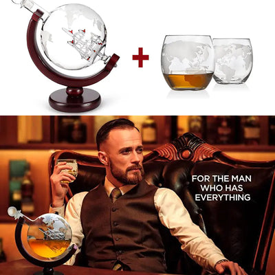 Ensemble carafe à whisky, aérateur de vin et verres motif globe