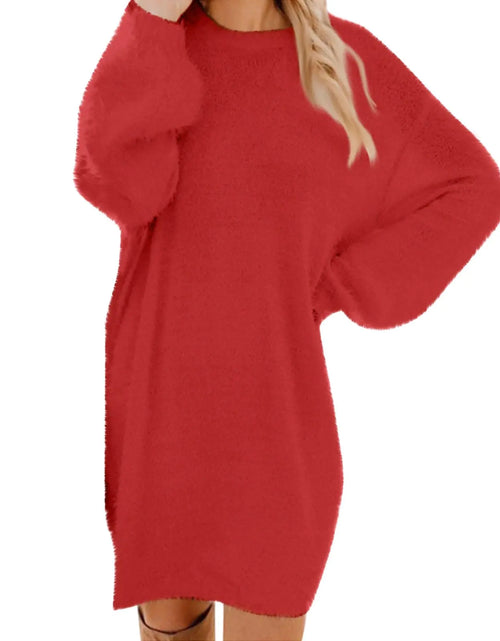 Cargar imagen en el visor de la galería, Vestido de punto para mujer, largo hasta la rodilla, manga farol, vestido túnica, cuello redondo grande, jerséis largos, vestidos casuales de otoño, jerséis grandes, atuendos de otoño, vestido de punto de talla grande (B-Rojo 3XL)
