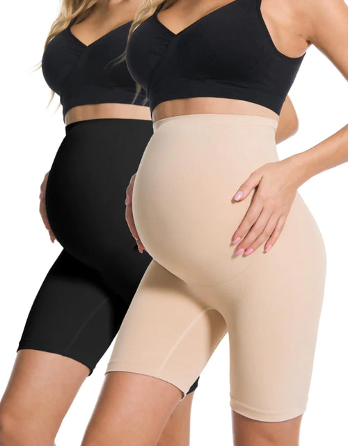 Load image into Gallery viewer, HOFISH Womens Maternity Shapewear Seamless Pregnancy Underwear for Dresses Belly Support High Waisted Panties Shorts BlackBeige L
