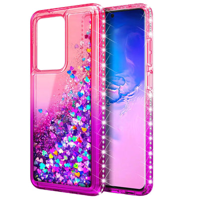 Lothartech Funda para Samsung Galaxy S21 Ultra 5G Funda protectora para niñas y mujeres, brillante, con purpurina líquida y diamantes, bonita funda para teléfono - Rosa/Morado