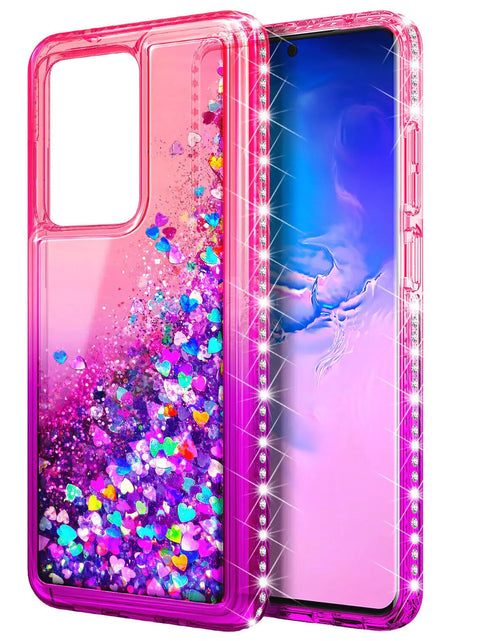 Cargar imagen en el visor de la galería, Lothartech Funda para Samsung Galaxy S21 Ultra 5G Funda protectora para niñas y mujeres, brillante, con purpurina líquida y diamantes, bonita funda para teléfono - Rosa/Morado
