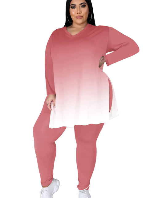 Load image into Gallery viewer, Tycorwd Womens Plus Size Two Piece Outfits Loungewear Sets Long Sleeve Oversized Tshirts Sweatpants Sweatsuits Sets Pink Gradual-2XL
