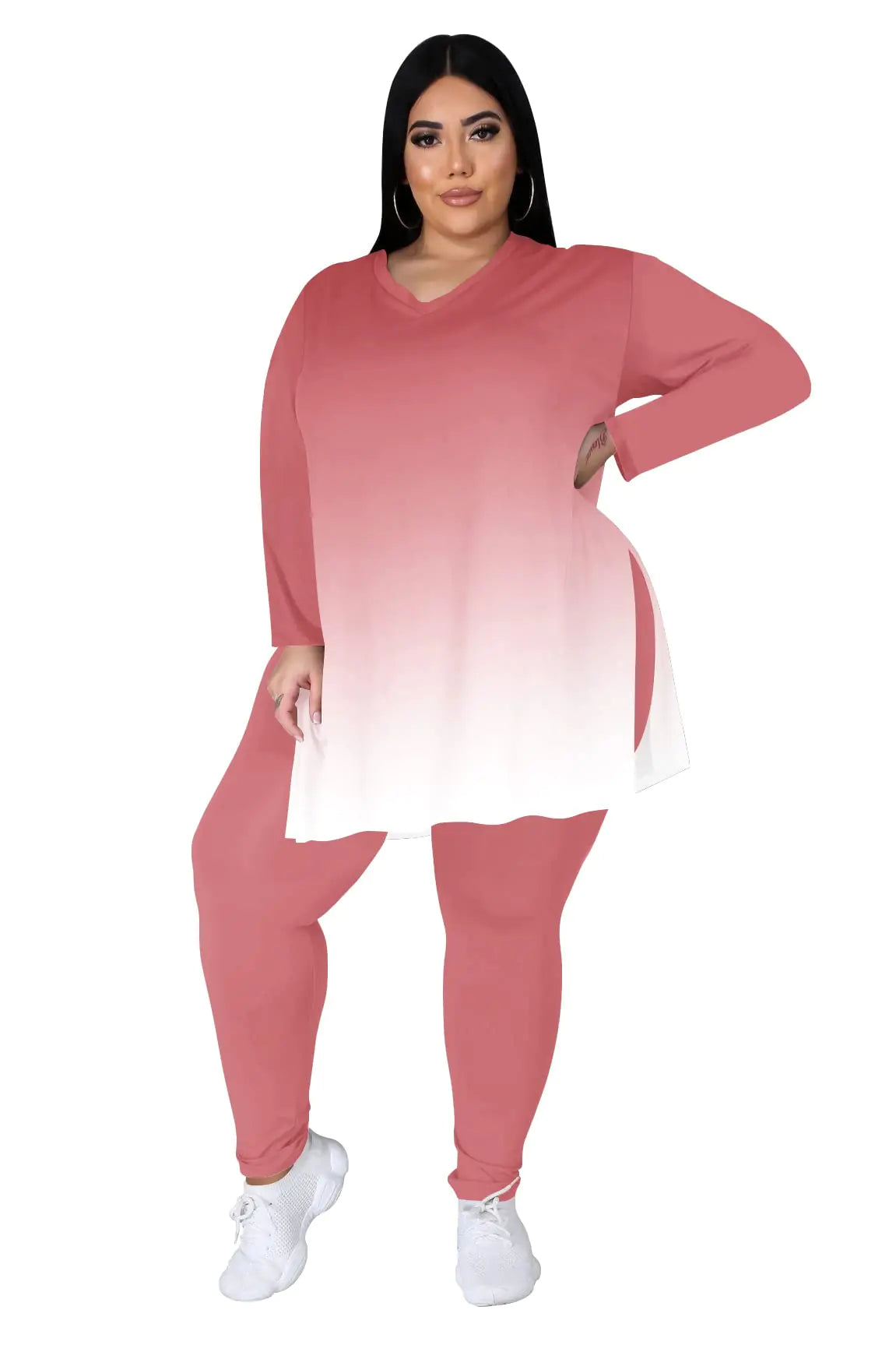Tycorwd Womens Plus Size Two Piece Outfits Loungewear Sets Long Sleeve Oversized Tshirts Sweatpants Sweatsuits Sets Pink Gradual-2XL