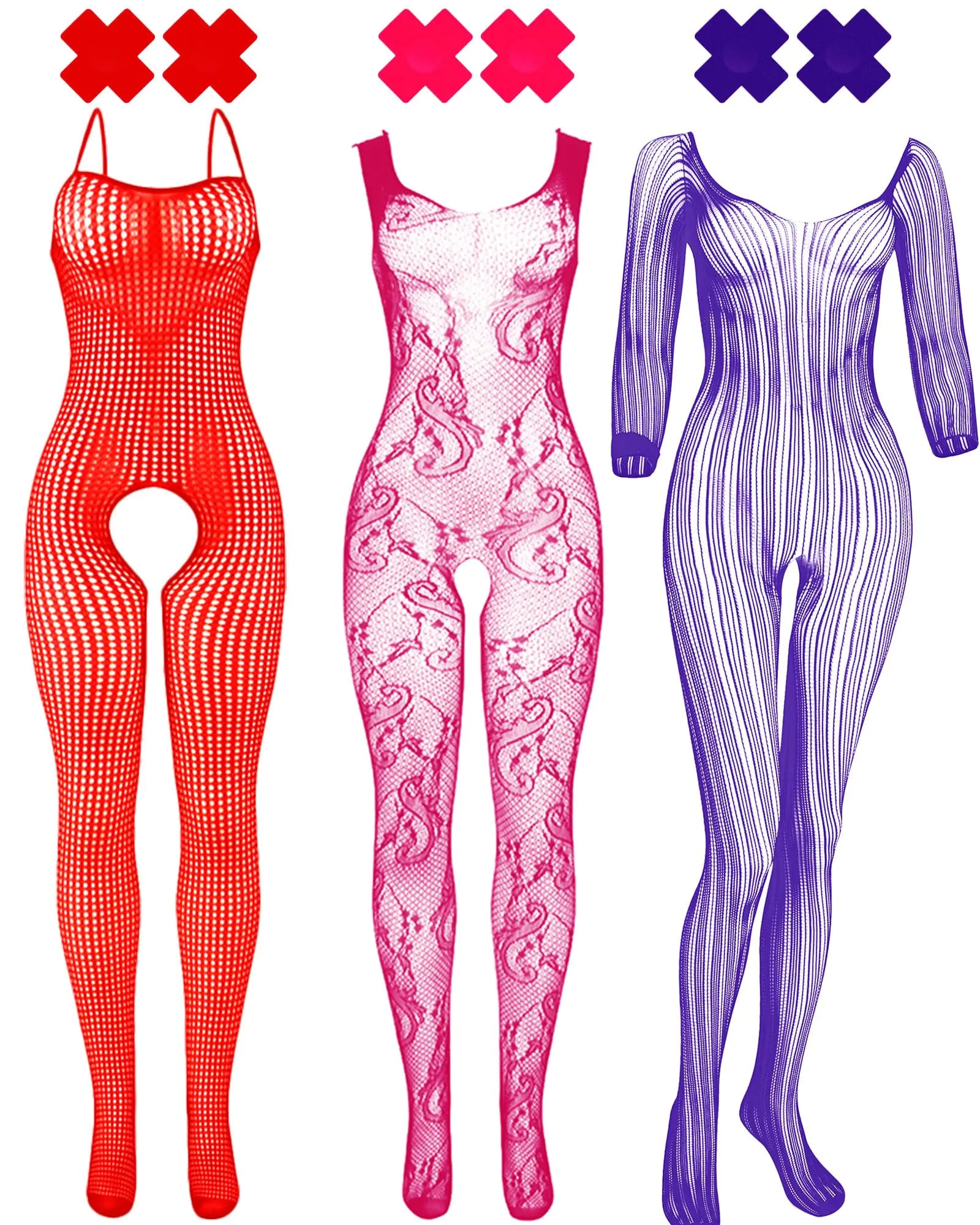 Tisancy 3 Piezas de lencería de rejilla para mujer Tallas grandes Lencería de malla Body para mujer Cubrepezones en forma de X (Rojo-Rojo Rosado-Morado)