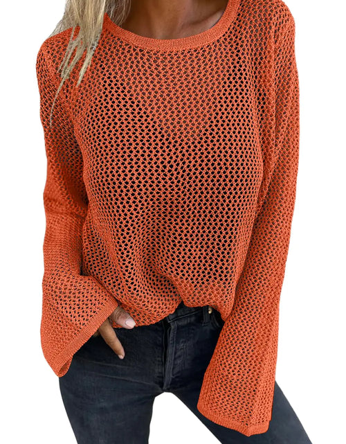 Charger l'image dans la visionneuse de galerie, Allimy Pulls Femme Tricots Métalliques Creux au Crochet Col Rond Manches Longues Chandail Pull Vêtements d'Extérieur Orange S
