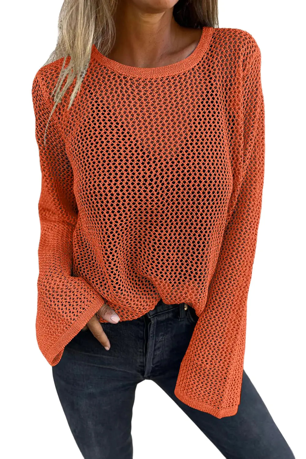 Allimy Pulls Femme Tricots Métalliques Creux au Crochet Col Rond Manches Longues Chandail Pull Vêtements d'Extérieur Orange S
