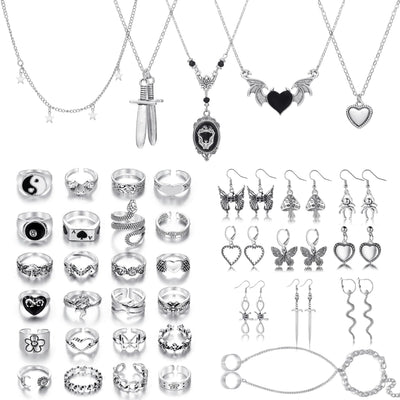 KISS WIFE Juego de Joyas de Metal Punk Gótico de Terror para Mujer, Collares de Plata Vintage, Pendientes, Anillos de Nudillo y Pulsera de Cadena, Juegos de Joyas Góticas Grunge Y2K Emo, Accesorios para Disfraces de Fiesta, Regalos