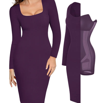 Popilush Long Sleeve Midi Dress Bodycon Party Dress Shapewear Tummy Control Fall Cocktail Dresses Built-in Bra