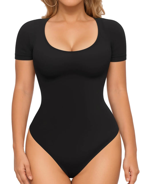 Load image into Gallery viewer, MANGOPOP Shapewear Bodysuits for Women Tummy Control Scoop Neck Short Sleeve Seamless Sculpting Thong Compression body shaper Tops(BlackLarge)
