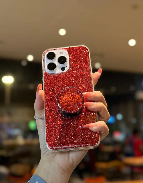 Cargar imagen en el visor de la galería, Funda MUYEFW para iPhone 15 Funda con purpurina brillante para mujeres y niñas, cubierta con brillo y soporte de anillo, bonitas fundas protectoras para teléfono de 6.1 pulgadas (rojo)
