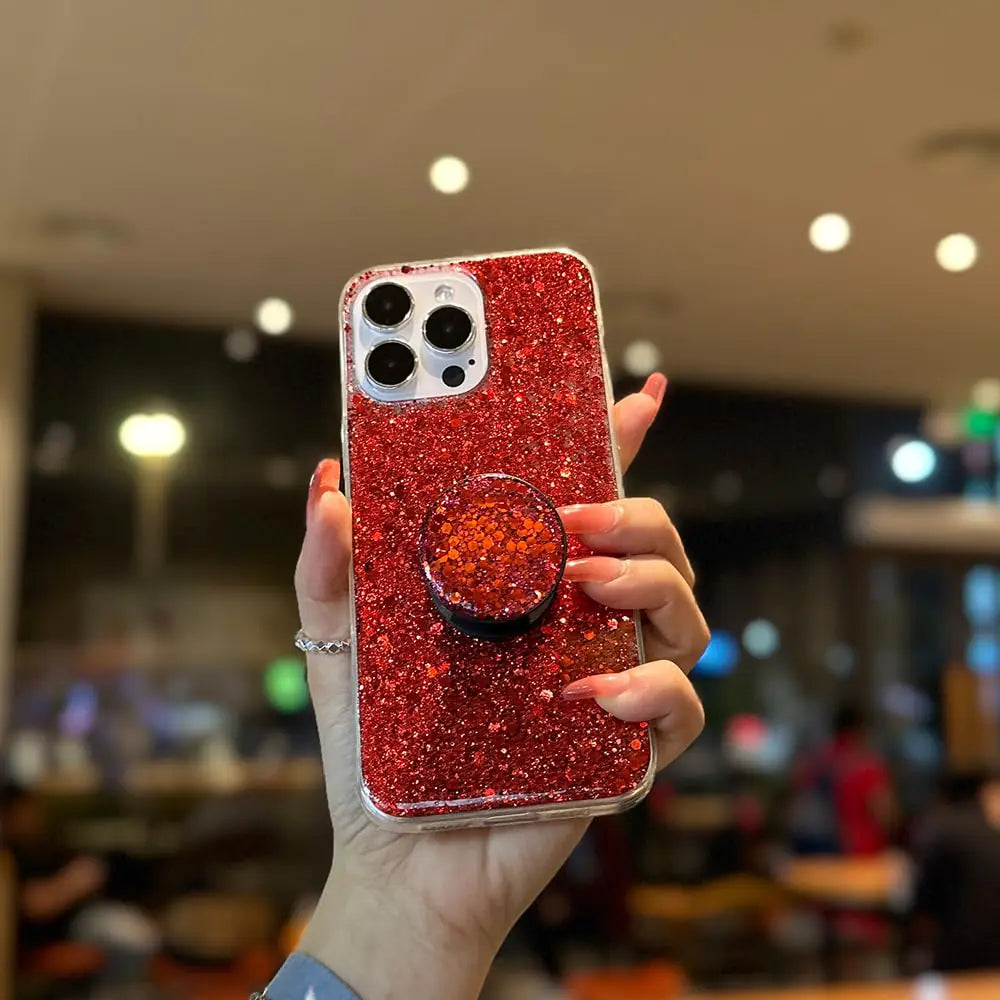 Funda MUYEFW para iPhone 15 Funda con purpurina brillante para mujeres y niñas, cubierta con brillo y soporte de anillo, bonitas fundas protectoras para teléfono de 6.1 pulgadas (rojo)