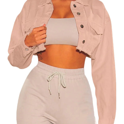 Womens Cropped Denim Jackets Long Sleeve Ripped Destroyed Wash Crop Top Jean Jackets