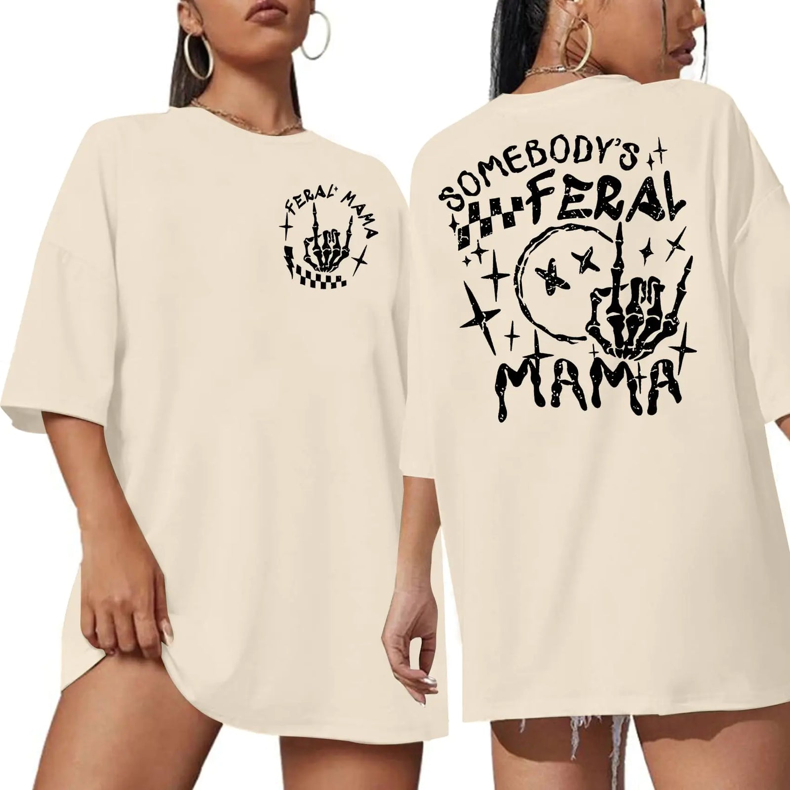 MOUSYA Chemise oversize Mama pour femme T-shirt « Somebody's Feral Mama » T-shirt amusant pour maman Cadeaux pour maman Couleur abricot