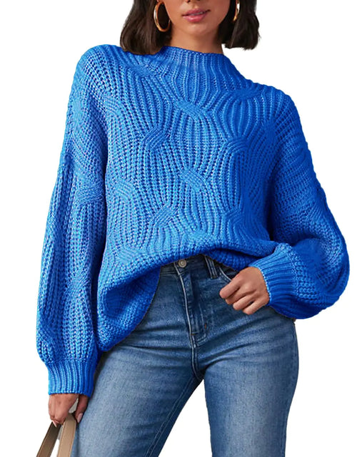 Load image into Gallery viewer, cordat Womens Sweaters 2024 Cute Elegant Soft Crewneck Dropped Shoulders Long Sleeve Cable Knit Pullover Tops Blue
