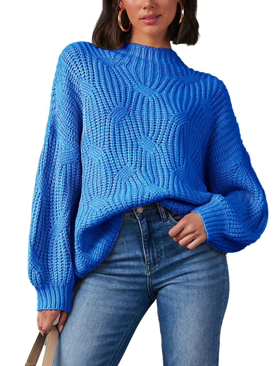 cordat Womens Sweaters 2024 Cute Elegant Soft Crewneck Dropped Shoulders Long Sleeve Cable Knit Pullover Tops Blue