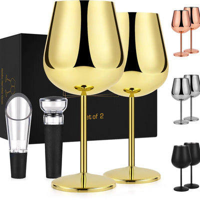 LiqCool Stainless Steel Gold Wine Glasses 21 Oz Set of 2 with Decanter & Stopper Unbreakable Metal Wine Glasses for Wedding Anniversary Valentines Day