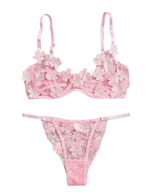 Charger l'image dans la visionneuse de galerie, Ensemble de lingerie florale brodée en dentelle pour femme
