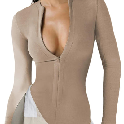 Womens Long Sleeve Zip Up Bodysuit Tops Sexy Stretchy Slim Fit Tummy Control Seamless Ribbed Shapewear Body suits Khaki Large