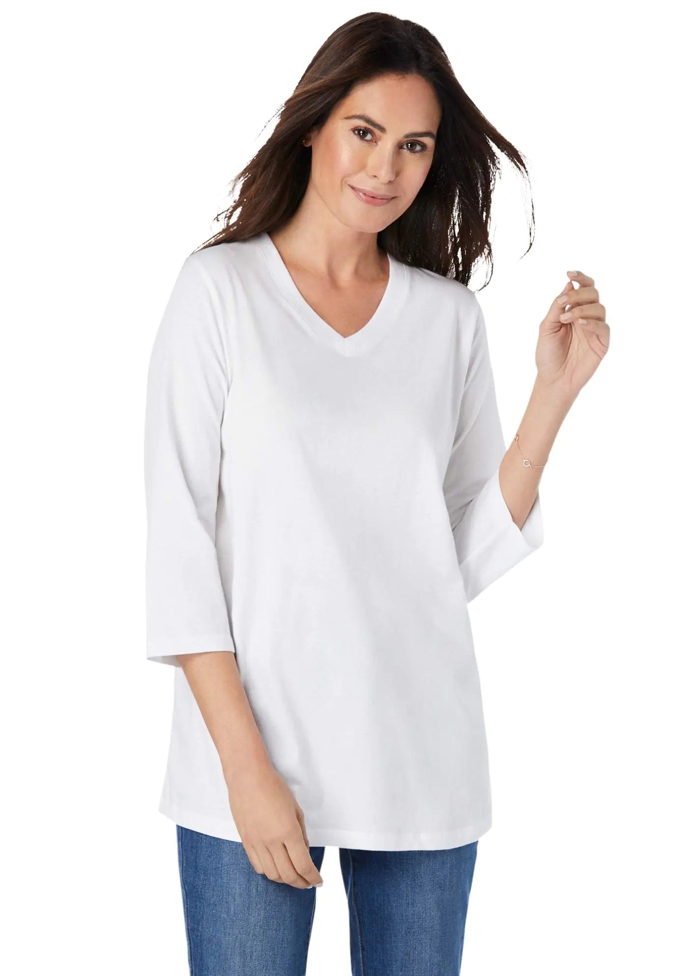 Woman Within Womens Plus Size Perfect Three-Quarter Sleeve V-Neck Tee Shirt - M White