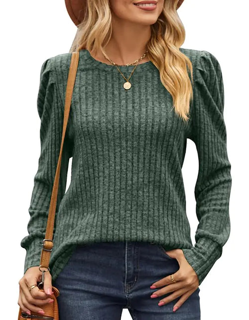 Load image into Gallery viewer, Vanfany Long Sleeve Shirts for Women Casual Knitted Sweaters Crewneck Fall Top Blouses Green l

