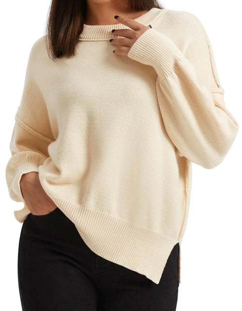 Load image into Gallery viewer, Koandaily Fall Sweaters for Women 2024 Long Sleeve Side Slit Sweater Top Crew Neck Sweaters Pullover Sweaters Apricot M
