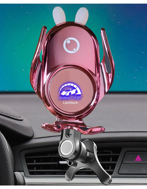 Cargar imagen en el visor de la galería, Soporte cargador inalámbrico Litchitech para coche, color rosa, cargador inalámbrico para teléfono de coche, bonito soporte para teléfono de coche para mujeres, señoras, niñas, con sujeción automática, carga rápida de 15 W, conejo (rosa)

