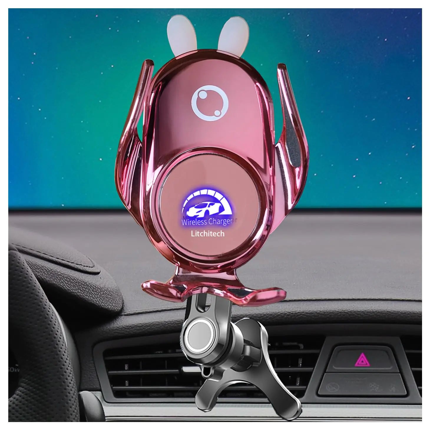 Soporte cargador inalámbrico Litchitech para coche, color rosa, cargador inalámbrico para teléfono de coche, bonito soporte para teléfono de coche para mujeres, señoras, niñas, con sujeción automática, carga rápida de 15 W, conejo (rosa)