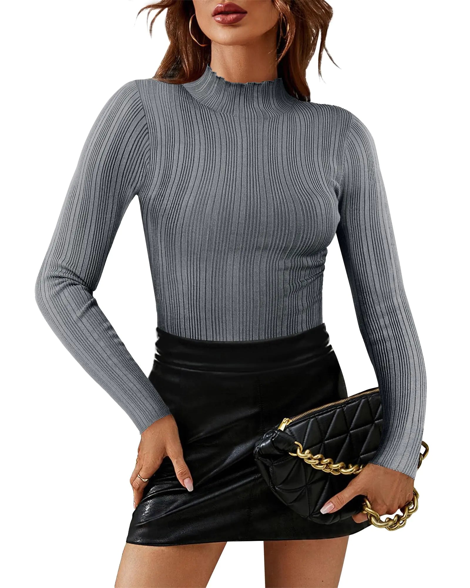 Kentysill Womens Turtleneck Bodysuit Outfits: Pullover Ribbed Long Sleeve Bodysuits - Fall 2024 Trendy Thong Body Suits Tops Elephant Grey XXL