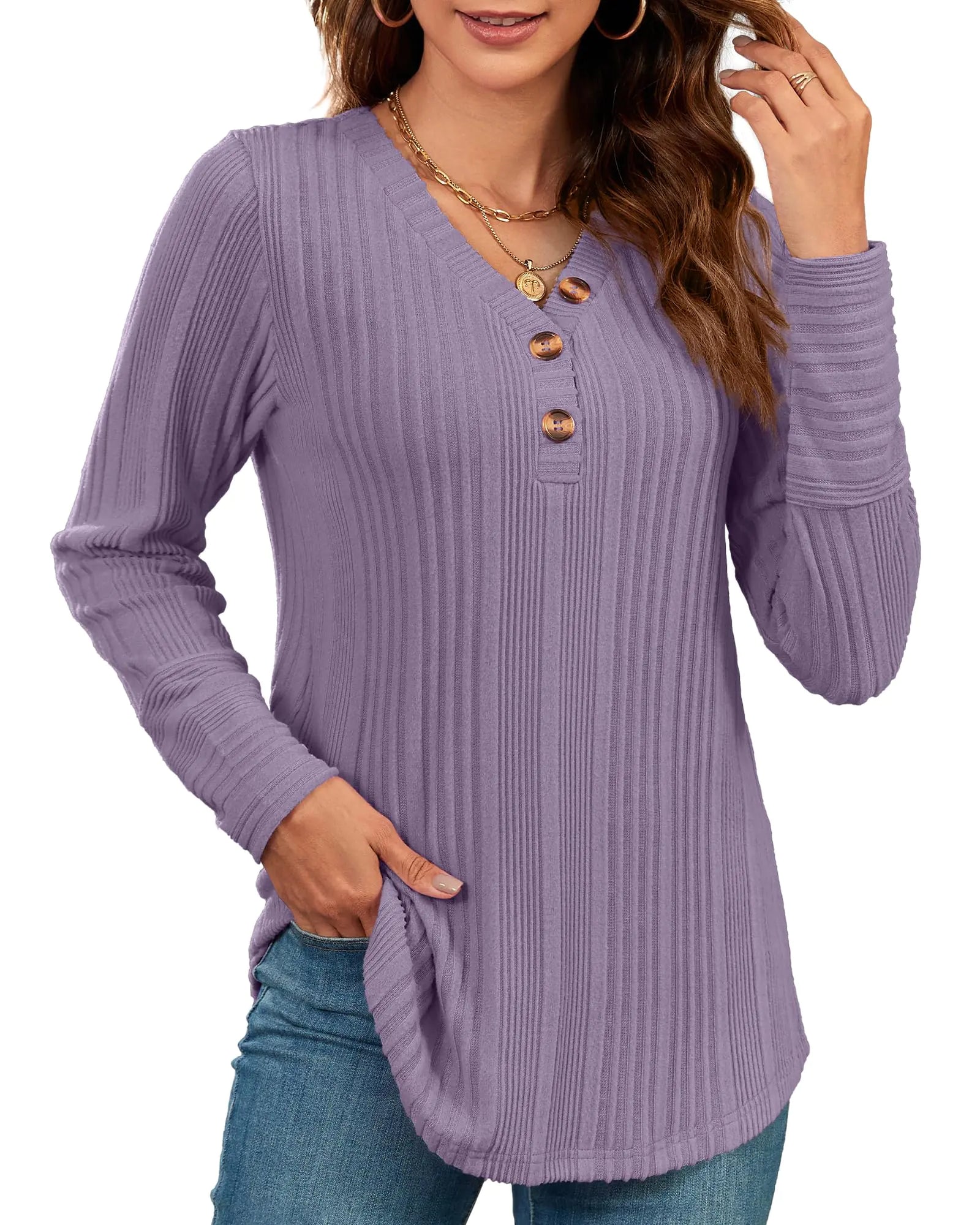 MISFAY Camisas de manga larga para mujer, cuello en V, estilo casual, tipo túnica, suéteres ligeros para leggings (morado claro M)