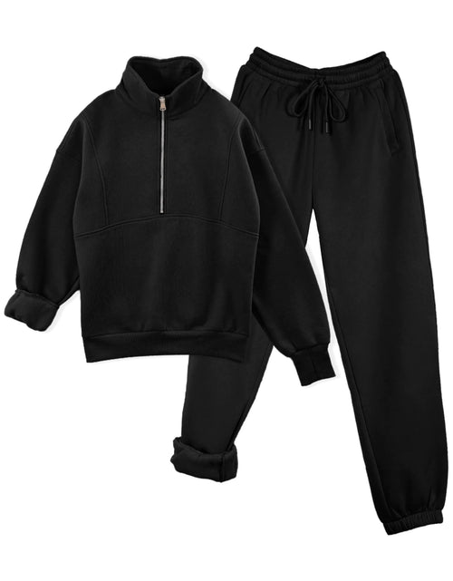 Load image into Gallery viewer, TAQCUX Womens Sweatsuits Fleece Lined Jogging Sweatpants and Half Zip Sweatshirts 2 Piece Matching Sweat Sets(Black-L)
