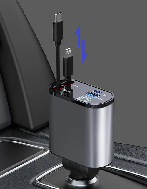 Cargar imagen en el visor de la galería, Cargador retráctil para coche - Cargador rápido de coche 4 en 1 USB C y cables Lightning 66W Adaptador de cargador de coche para encendedor de cigarrillos para iPhone 15 14 13 12 Pro Max iPad Android Galaxy S24 S23 Pixel Tablet
