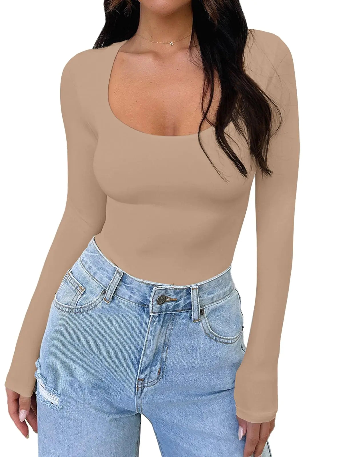 PINKMSTYLE Womens Scoop Neck Long Sleeve Bodysuits Sexy Double Lined Going Out Tops Night Out Outfits Light Taupe X-Large