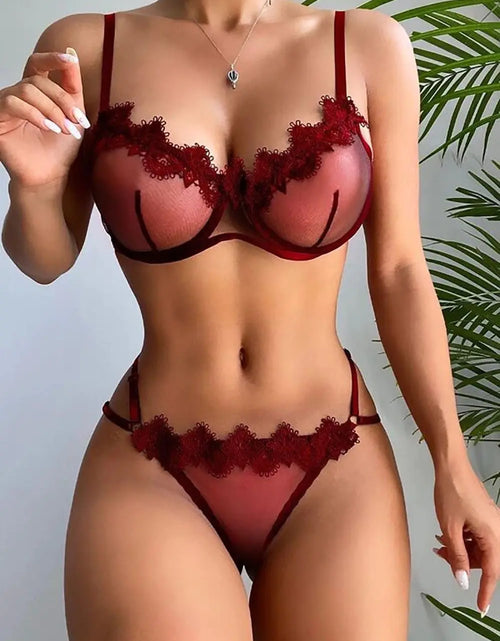 Cargar imagen en el visor de la galería, Conjunto de lencería de encaje floral con aros para mujer
