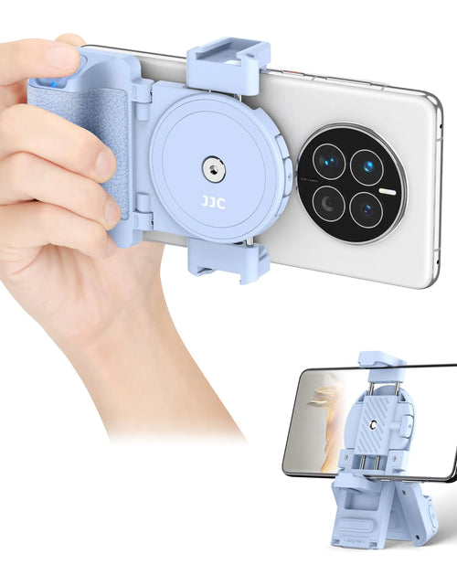 Cargar imagen en el visor de la galería, JJC Phone Camera Grip with Wireless Remote Smartphone Remote Grip Handle with Adjustable Phone Clamp &amp; Two Cold Shoe Mounts for iPhone Samsung Android Phone for Vlog Video Photo Shooting-Blue
