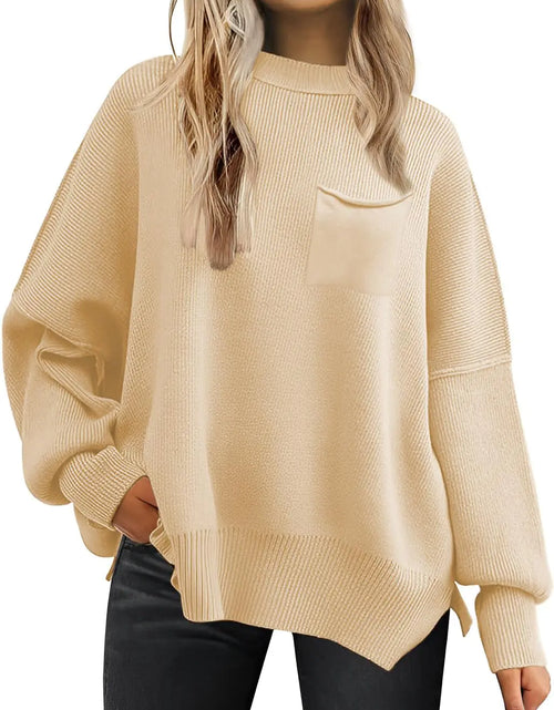 Cargar imagen en el visor de la galería, Suéteres extragrandes para mujer LCRRRN 2024 Otoño Cuello redondo Manga larga Tejido acanalado Tipo murciélago Jerseys (Albaricoque Crema XXL)
