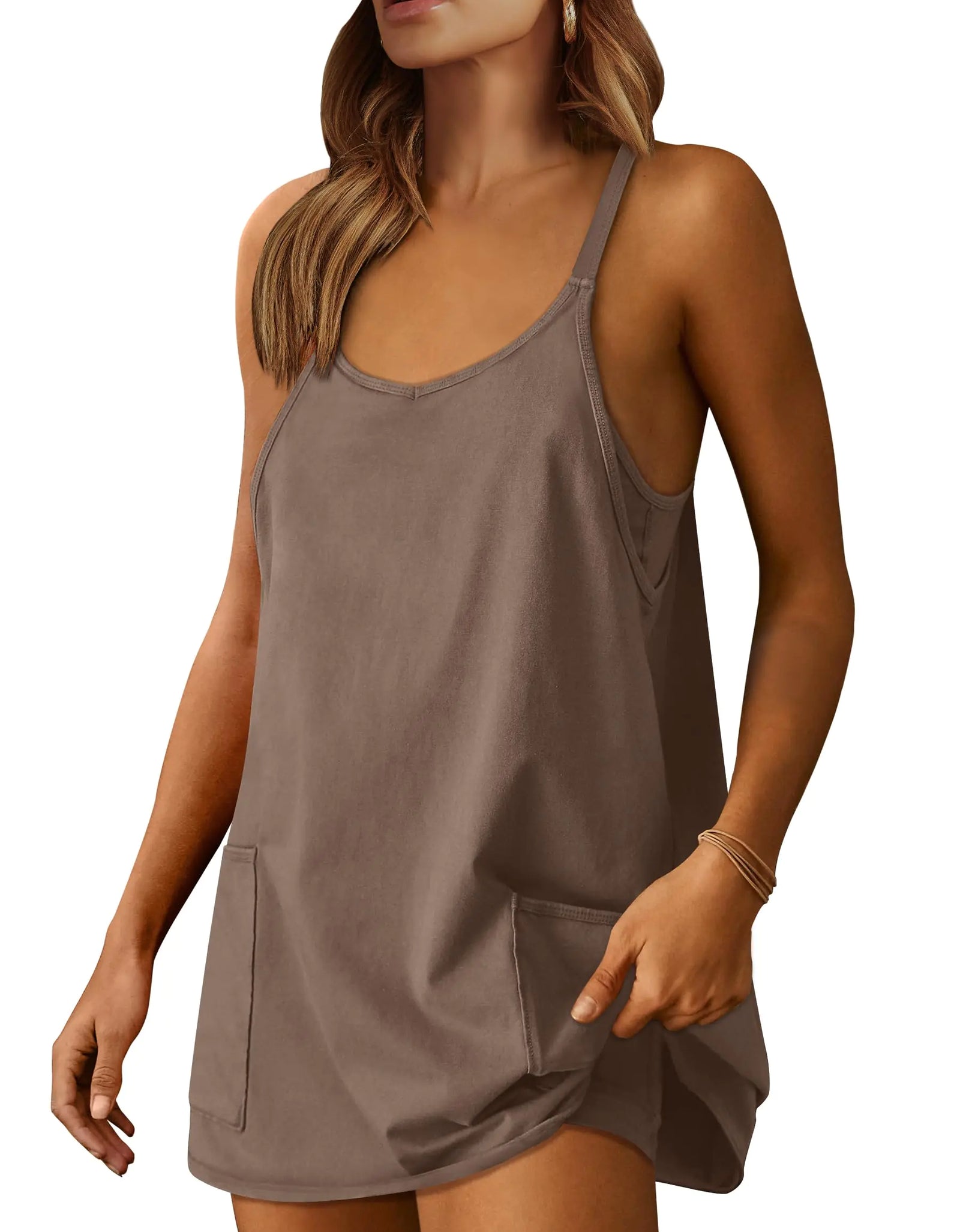 Caracilia Womens Summer Mini Dress 2025 Casual Sleeveless Built in Shapewear Sundress Trendy Short Tennis Athletic Outfits Coffee XX-Large