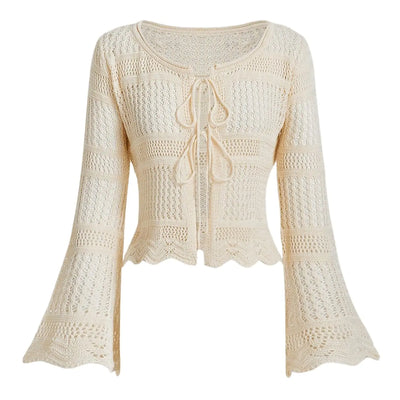 GORGLITTER Womens Tie Front Crochet Cardigan Sweaters Lightweight Bell Sleeve Knit Tops Cute Boho Cropped Cardigan Beige Medium