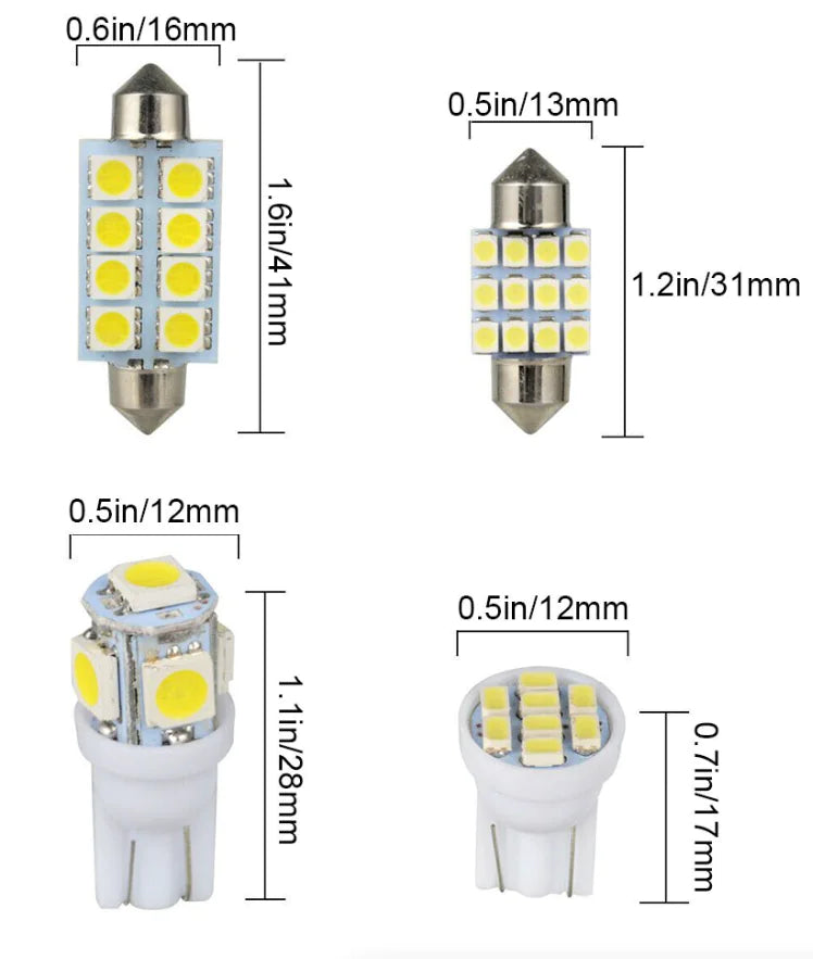 Kit de 14 luces LED interiores para coche T10 de 36 mm para techo, maletero y matrícula