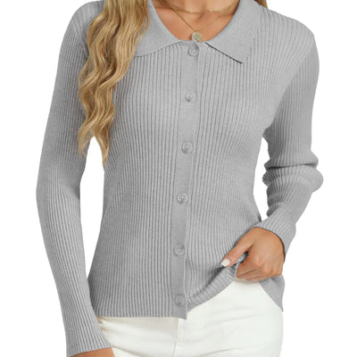 Tanou Womens 2024 Cardigan Sweaters Button Up Long Sleeve Knit Ribbed Collar Neck Cardigans Grey