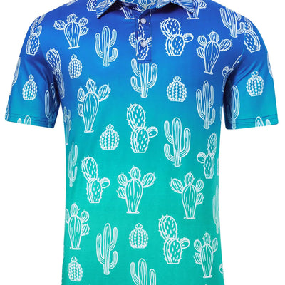 Mens Golf Shirt Funny Golf Polos Men Blue Green Collared T Shirts Short Sleeve Dri Fit Workout Cactus Shirts for Men Tee Top