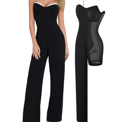 Monos formales Popilush para mujer, elegantes, de pierna ancha, pantalones largos, overoles, sin mangas, atuendo de invitada de boda con faja, negro