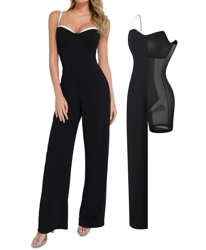 Popilush Formal Jumpsuits for Women Dressy Wide Leg Long Pants Overalls Sleeveless Wedding Guest Outfit with Shapewear Black