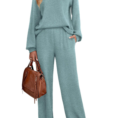 WIHOLL Womens 2 Piece Outfits Sweatsuits Set 2023 Fall Wide Leg Sweatpant Blue Green M