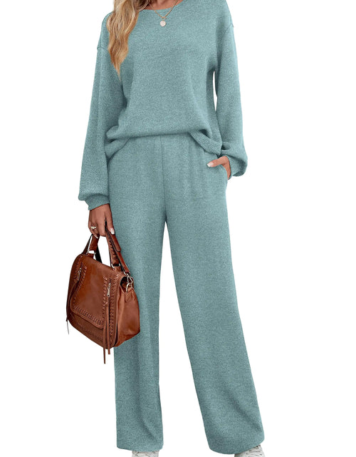 Load image into Gallery viewer, WIHOLL Womens 2 Piece Outfits Sweatsuits Set 2023 Fall Wide Leg Sweatpant Blue Green M
