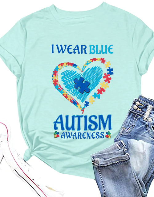 Load image into Gallery viewer, Autism Awareness Shirt Women Blue Ribbon T-Shirt I Wear Blue Tshirt Autism Support Tee Causal Short Sleeve Tee Tops
