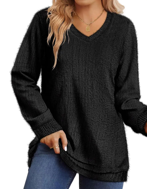 Load image into Gallery viewer, CARCOS Plus Size Sweaters for Women Long Sleeve Fleece Pullover Sweaters Solid Black Vneck Fuzzy Jumper Tops Lightweight Casual Fall Winter Oversized Soft Shirts 2XL 18W 20W

