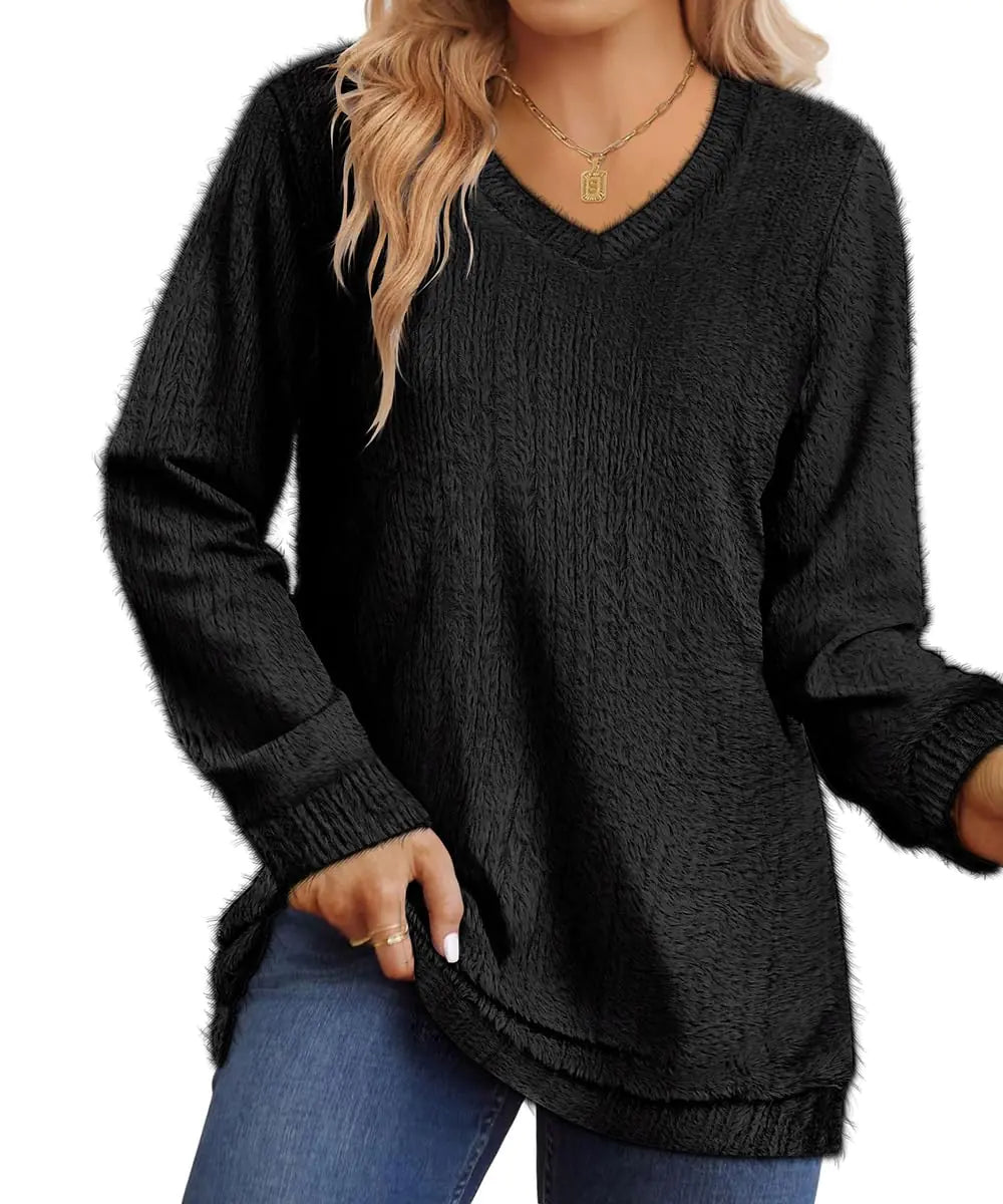 CARCOS Plus Size Sweaters for Women Long Sleeve Fleece Pullover Sweaters Solid Black Vneck Fuzzy Jumper Tops Lightweight Casual Fall Winter Oversized Soft Shirts 2XL 18W 20W
